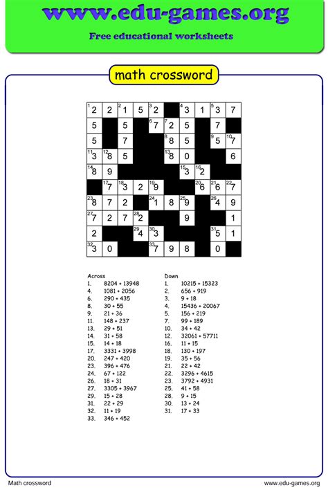 Math Crossword Puzzle Worksheets