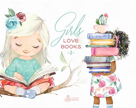 Girls Love Books 2 Watercolor Clipart Reading Flowers Etsy Uk
