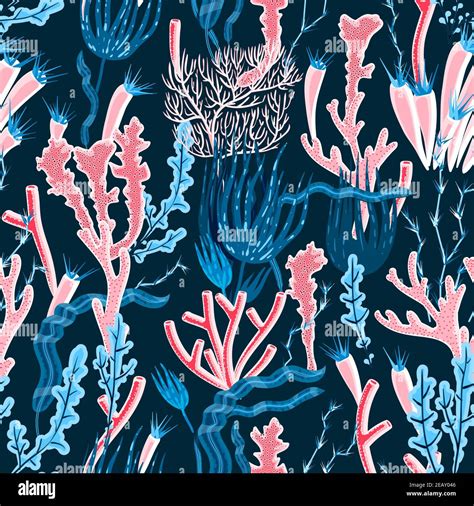 Colorful Deep Sea Coral And Seaweed Seamless Pattern Flat Vector