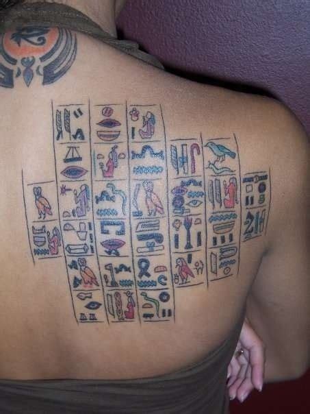 Coloured Egyptian Hieroglyphs Tattoo On Back Hieroglyphics Tattoo
