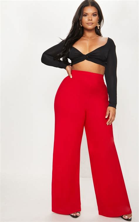 Plus Red High Waisted Wide Leg Pants Prettylittlething Ca