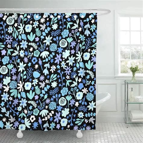 Fabric Shower Curtain With Hooks Blue Flower Cute Floral Watercolor