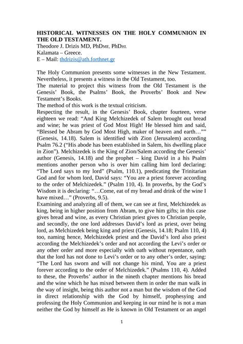 Pdf Historical Witness On The Holy Communion In The Old Testament