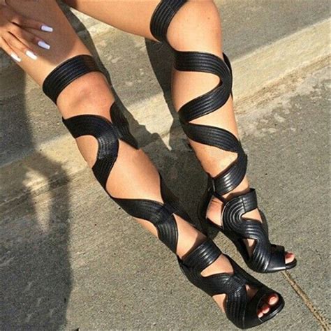 Sexy Open Toe Gladiator Sandals Women Boots Cut Outs Lace Up Thigh High