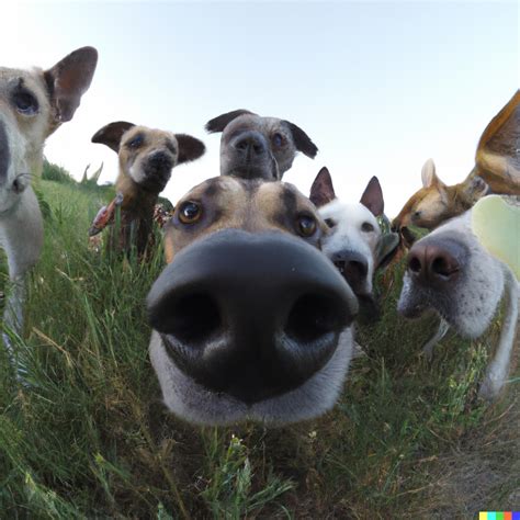 Ethan × Dall·e 2 A Fisheye Lens Of Many Dogs Poking Their Nose At The