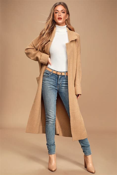 Staying Classy Tan Knit Coatigan Trench Coat Outfit Suede Jacket
