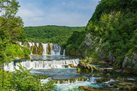 Stockfoto Strbacki Buk Waterfall Is One Of The Most Beautiful