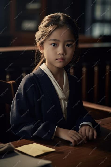 テーブルに座っている裁判官のドレスを着た小さなアジアの女の子の肖像 ジェネレーティブ Ai プレミアム写真