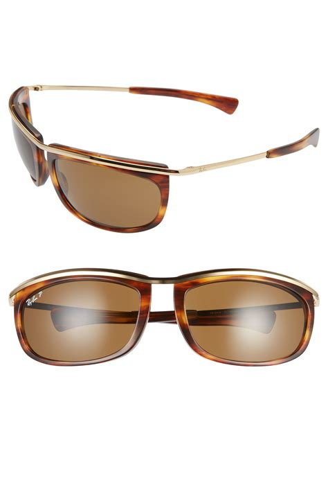 Womens Ray Ban 62mm Polarized Oversize Wrap Sunglasses Gold Havana