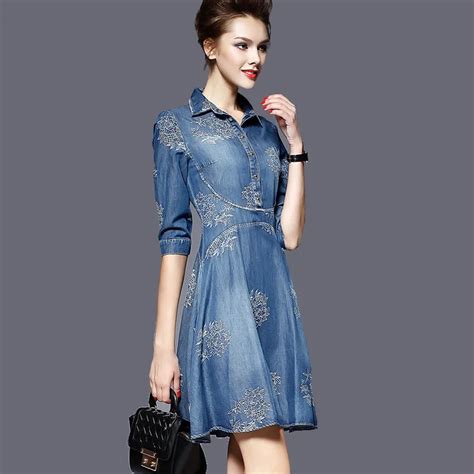 Embroidery Denim Dresses Women Spring 2017 New Arrival Casual Dress Blue Fashion Collar Buttons