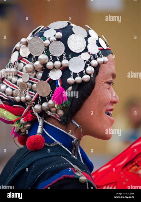Akha Headdress Featuring Silver Coins Muang Singh Market Laos Stock
