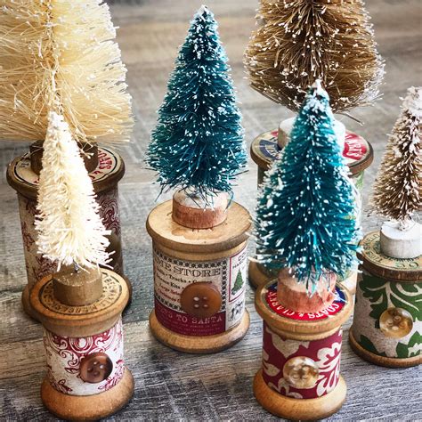 Tiny Bottle Brush Christmas Trees On Vintage Wood Spools