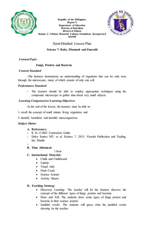 Sample Semi Detailed Lesson Plan For Grade 7 Science Prepared By