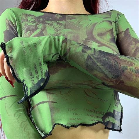 generic sexy see trough crop vintage graphic print green mesh sheer t shirt long flare sleeve