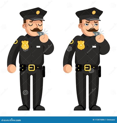 Blow Whistle Policeman Warning Flat Design Character Isolated Vector