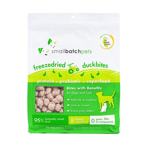 As a group, the brand features an average protein content of 53% and a mean fat level of 31%. Small Batch Freeze-Dried Duck Bites Dog Treats, 7-oz Bag ...