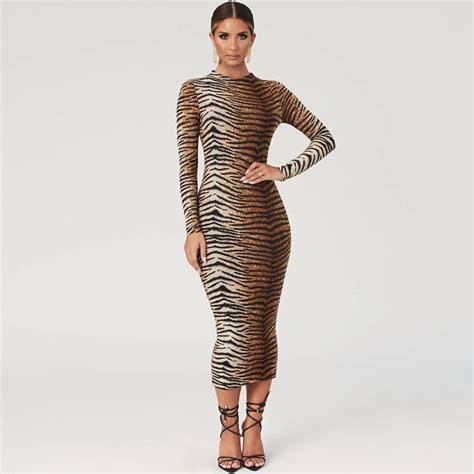 Sexy Tiger Stripe Bodycon Dress Women Autumn Long Sleeve Sheath Dress