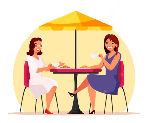 Premium Vector Women Sitting In Cafe And Drinking Coffee Two Girls
