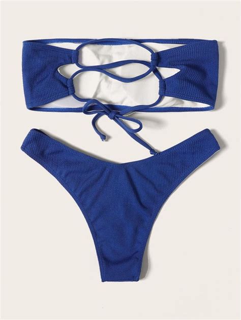 Lace Up Bandeau Top With Ribbed Bikini Set Shein Usa In 2020 Bandeau Top Bandeau Bikini Set