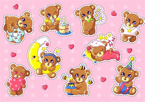 Premium Vector Cute Kawaii Bears Characters Set With Objects