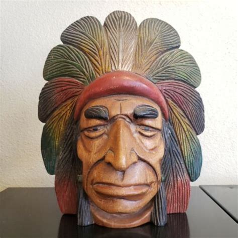 Antiquevintage Hand Carved Wood Native American Indian Chief Head