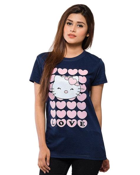 Navy Blue Blended Cotton Printed T-Shirt for Women - ShopAgain