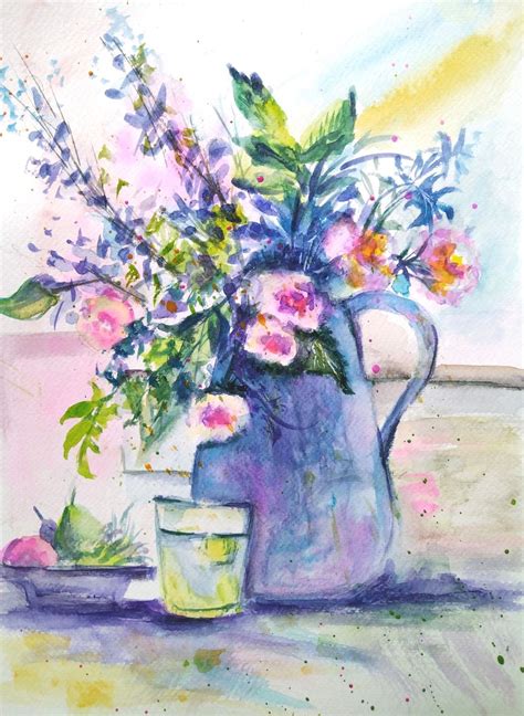 Blumen In Einer Vase Aquarellmalerei Feldblumen Aquarell Stillleben