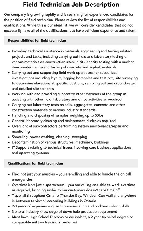 Field Technician Job Description Velvet Jobs
