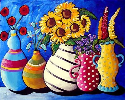 5 Fun Funky Colorful Whimsical Vases Flowers Floral Folk Art Painting