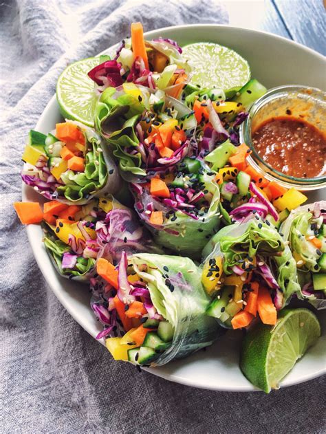 Rainbow Spring Rolls With Spicy Peanut Sauce Vegan And
