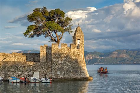 Sunset Panorama Of Fortification At The Port Of Nafpaktos Town Stock