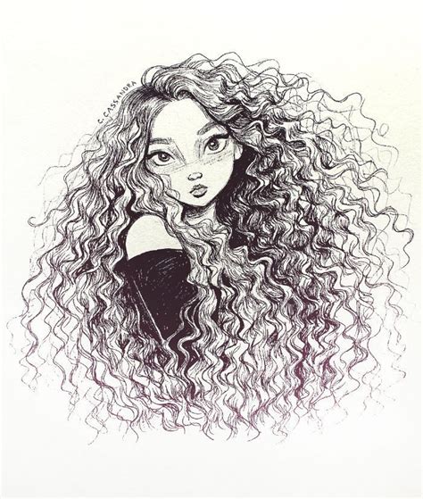 By C Cassandra Curly Hair Sketch Drawing Illustration Pen Ink Hair