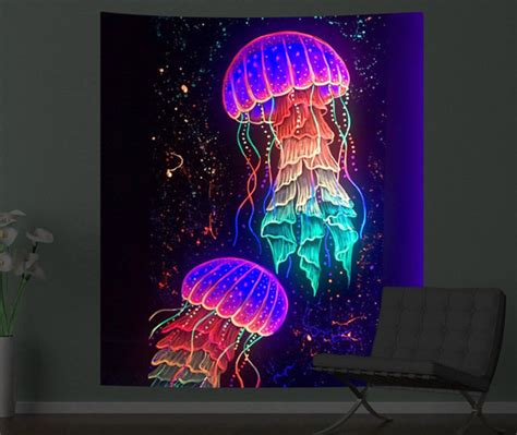 Uv Reactive Psychedelic Jellyfish Tapestry Black Light Etsy