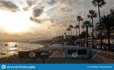 Beach Of Cannes Famous City On French Riviera During Sunset With