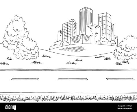 Road City Graphic Black White Landscape Sketch Illustration Vector
