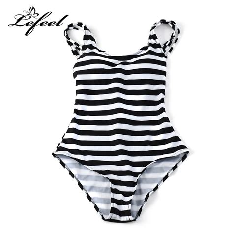 Lefeel One Piece Swimsuit 2018 Sexy Women Backless Bikini Cross Bandage Swimwear Stripe Beach