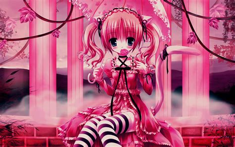 Girly Anime Cat Girl With Lollipop Pink Wallpaper Desktop Cute