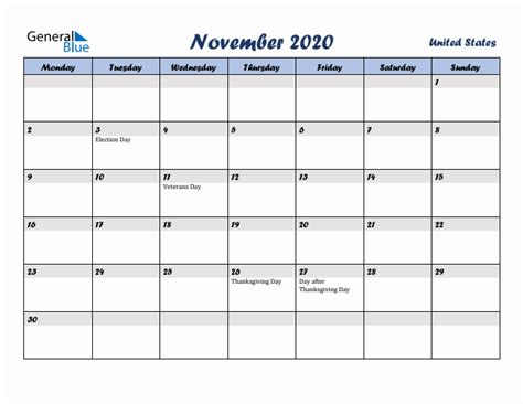 November 2020 United States Monthly Calendar With Holidays