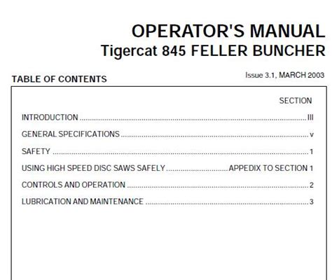 003 Tigercat 845 FELLER BUNCHER Operators Manual Service Repair