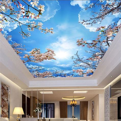Custom Wallpaper Blue Sky White Clouds Cherry Blossoms Ceiling Mural