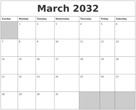 March 2032 Blank Printable Calendar