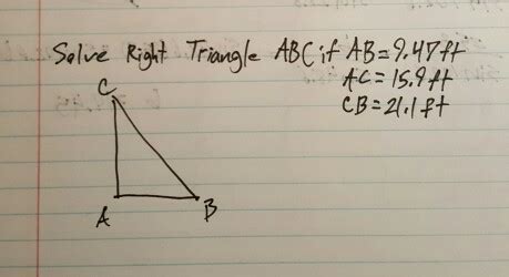 Also, $mc$ is $8$ cm longer than $bm$, and the ratio $ab:ac=3:5$ how many centimetres is the hypotenuse? Solved: Solve Right Triangle ABC If AB = 9.47 Ft AC = 15.9 ...