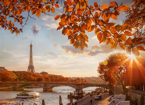Paris With Eiffel Tower Against Autumn Leaves In France