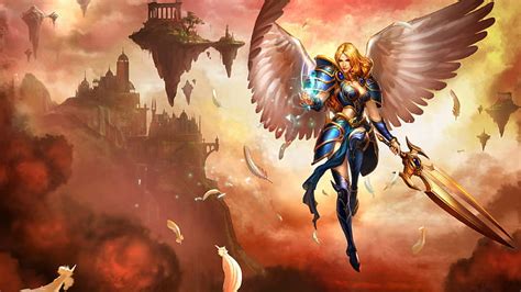 Hd Wallpaper League Of Legends Kayle Angel Wings Clouds Feathers