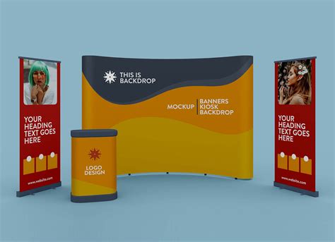 Free Exhibition Trade Show Standing Banner Booth And Backdrop Mockup Psd