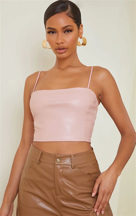 Light Pink Faux Leather Crop Top Tops Prettylittlething Usa Leather Crop Top How To Hem