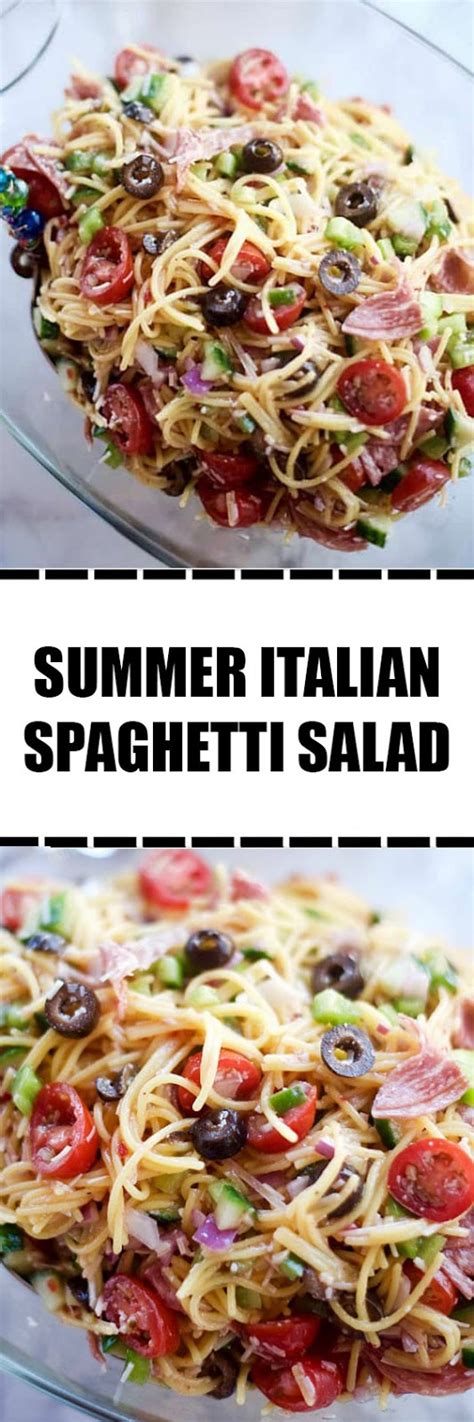 1 box spaghetti, or any pasta shape 1 cucumber, diced 1 bag shredded carrots 10 radishes, shredded 1 red pepper, diced 3 ribs celery, trimmed and diced 1 package dry italian salad mix ½ c add salad seasoning and mix together. Summer Italian Spaghetti Salad - kitchen.mamarecipes