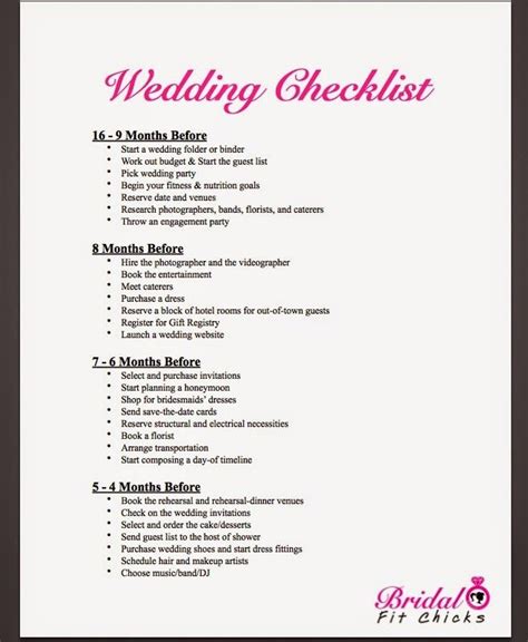 Bridal Fit Chicks Wedding Checklist Printable Wedding Checklist