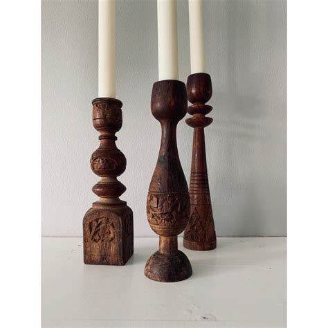Vintage Carved Wood Candle Stick Holders Set Of 3 Chairish