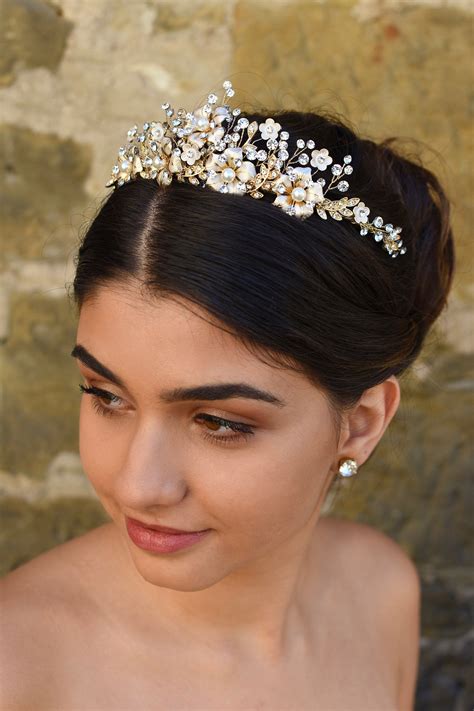 Rosaline Gold Flower And Pearl Tiara Windsor Bridal Jewellery Worldwide